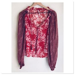 Free People Hendrix Blouse Red Floral Boho Tassel Front Size XS